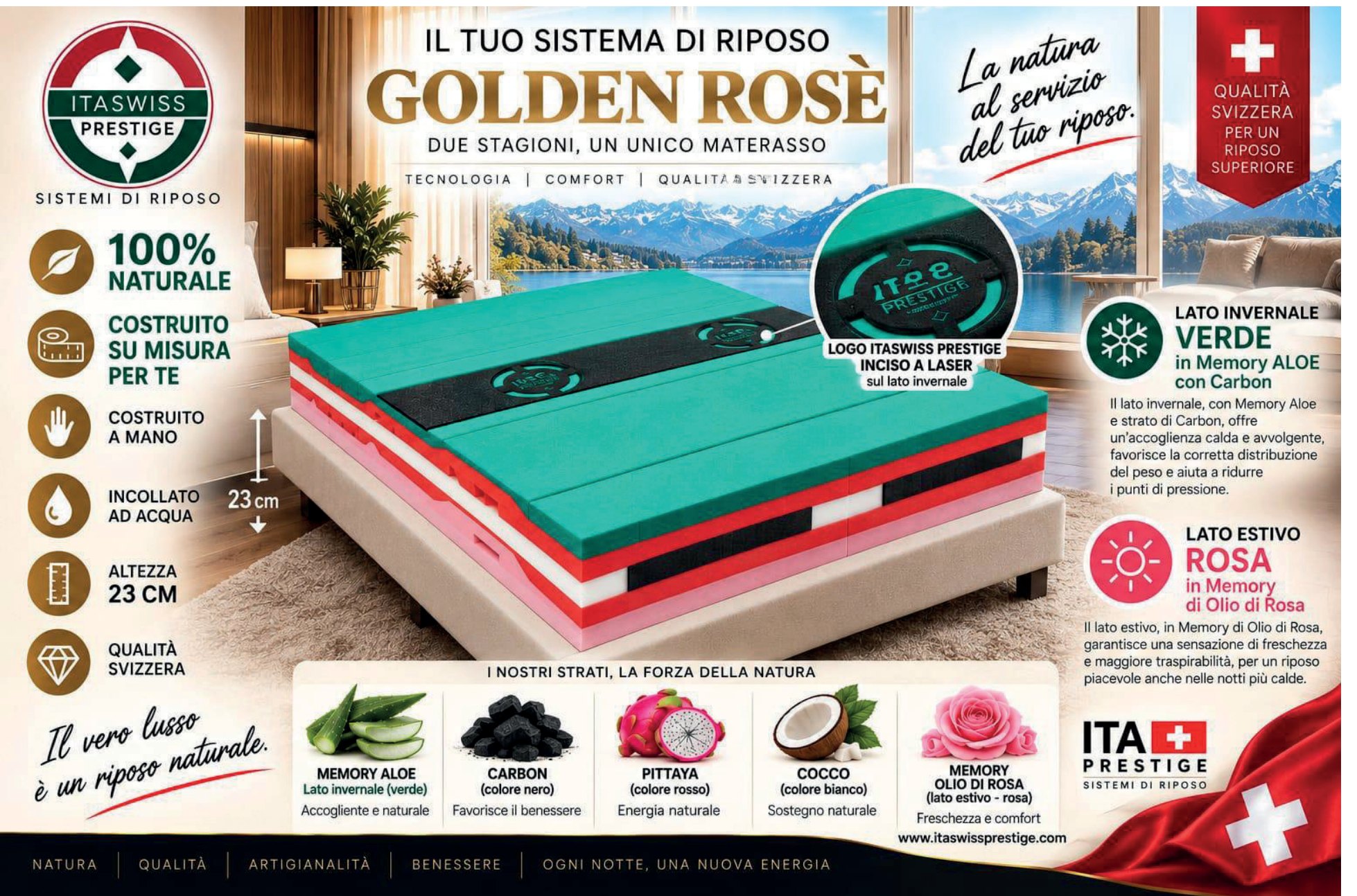 Materasso Golden Rosè ITA Swiss Prestige: strati e materiali naturali