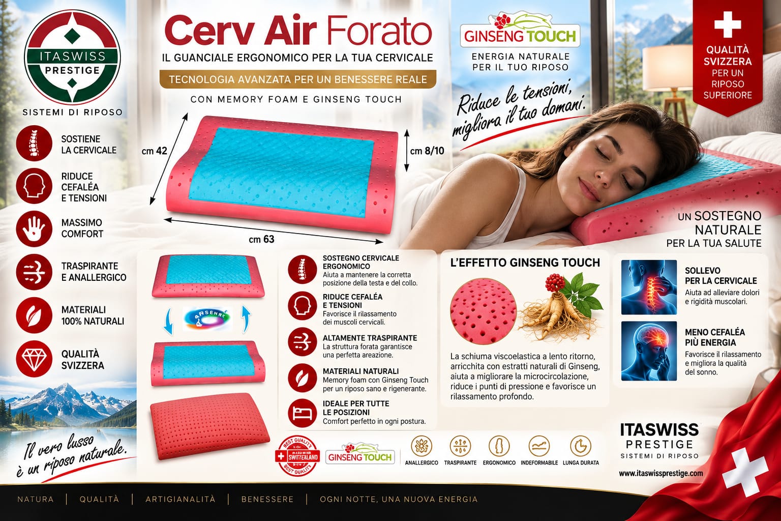 Guanciale cervicale Cerv Air Forato con Ginseng Touch