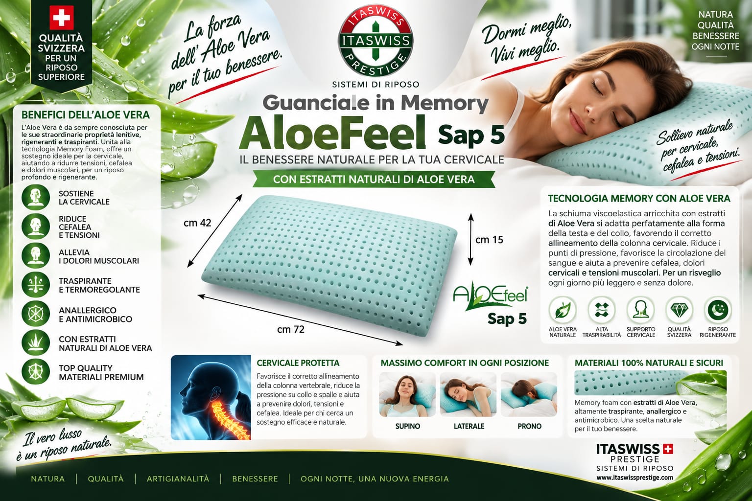 Guanciale in memory AloeFeel Sap 5 con estratti di Aloe Vera
