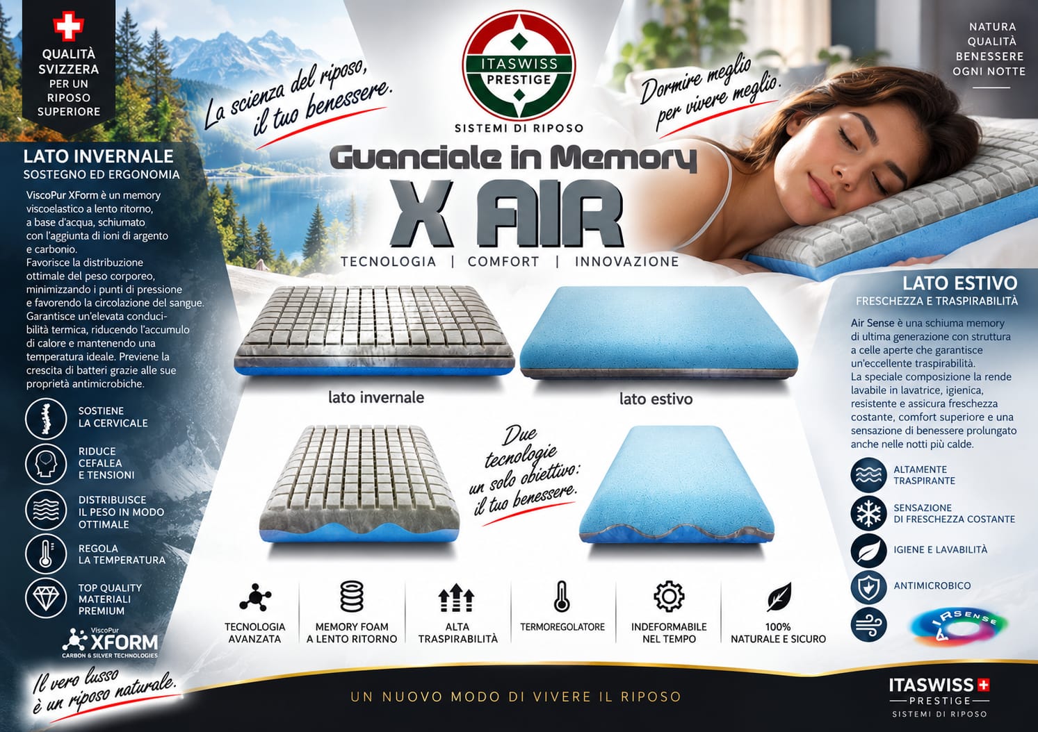 Guanciale in memory X Air lato invernale e lato estivo
